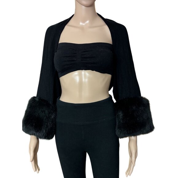 Cache Black Viscose Bolero Shrug with Oversized Faux Fur Cuffs - Picture 2 of 4